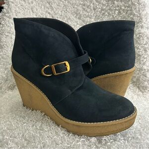Stella McCartney Black Faux Suede Buckle Detail Wedge Ankle Booties